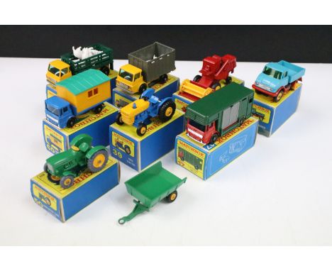 Eight boxed Matchbox diecast models to include 4 Stake Truck (with figures), 17 Horse Box (with horses), 37 Cattle Truck (tea