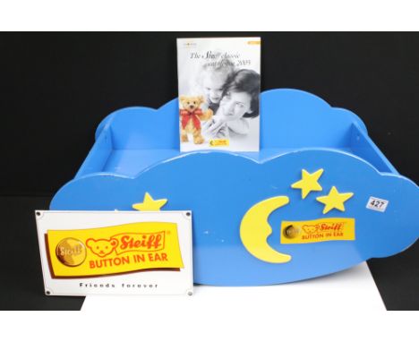 Original Steiff advertising rocker shelf with stars and moon to sides and 4 x holes for hanging, together with Steiff adverti