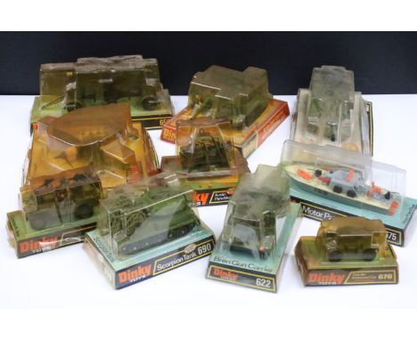 10 Boxed Dinky diecast models to include 721 Junkers JU 87B Stuka, 622 Bren Gun Carrier, 683 Chieftain Tank, 690 Scorpion Tan