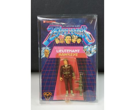 Carded Bandai Gerry Anderson's Terrahawks Hawkeye figure, card unpunched, discolouring to bubble with dent to top, gd overall