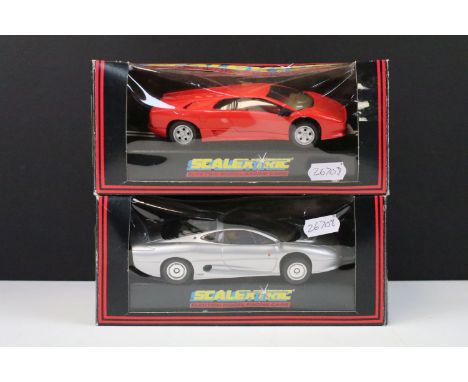 Two boxed Scalextric slot cars to include C257 Jaguar XJ220 &amp; C411 Lamborghini Diablo, cars vg overall, boxes gd