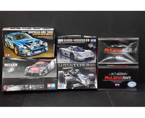 Six boxed 1/20-1/24 scale Tamiya plastic models kits to include 1/20 20060 Lotus Type 79 1978, 1/20 92208 McLaren Honda MP4/4