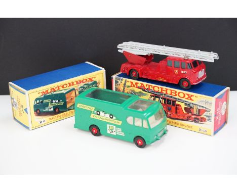 Two boxed Matchbox diecast models to include M6 Racing Car Transporter BP and K15 King Size Merryweather Fire Engine, diecast