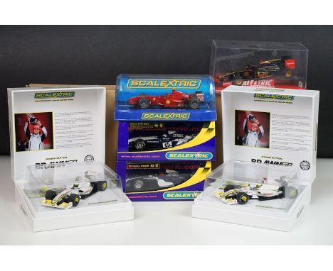 Six cased Scalextric slot cars featuring 2 x C3047A Jenson Button Bawn GP Commemorative ltd edn model (3013 of 5000 &amp; 304