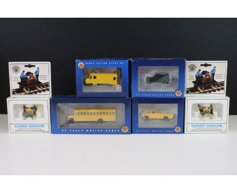 Two boxed Bachmann 5 HO gauge Gandy Dancer electrically powered hand cars plus a boxed 46211 Bus w/ high railers, boxed 46204