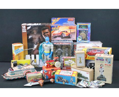 Collection of various toys to include Japanese Queen River Boat lithographed tin plate toy, boxed Matchbox Action Hot Rod Rac