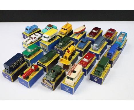 22 Boxed Matchbox Lesney 75 Series diecast models, play worn, includes 62 General Service Truck, 65 3.4 Litre Jaguar, 58 BEA 