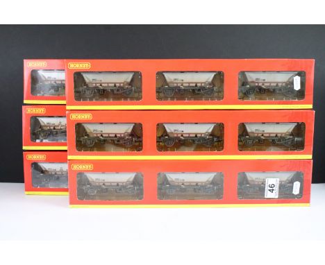 Six boxed Hornby OO gauge 3 x rolling stock item sets to include 4 x R6224 32.5T Hopper with canopy HBA weathered and R6222 3