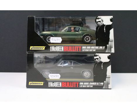 Two cased Pioneer Steve McQueen Bullitt slot cars to include P001 Mustang 390 GT and P003 Dodge Charger R/T
