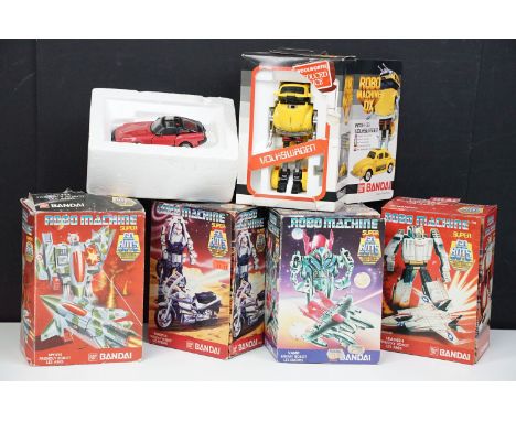 Six Bandai Robo Machine / Super Go Bots featuring Boxed Vamp (complete with instructions), Spy Eye (complete with instruction