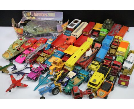 Around 55 play worn Matchbox diecast models featuring Super Kings, Battle Kings, King Size etc plus a boxed Matchbox Adventur