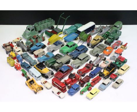 Over 60 mid 20th C play worn diecast models to include Dinky, Matchbox, Corgi, Charbens, Louis Marx featuring French Dinky 24