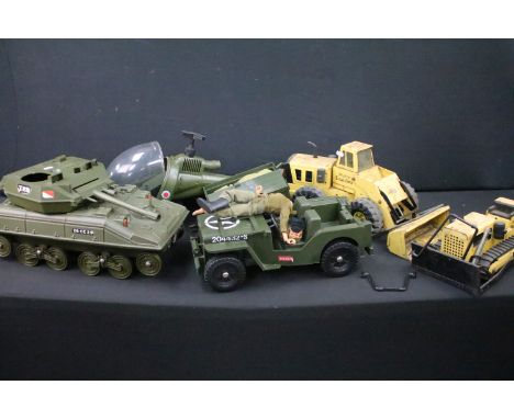 Action Man - Quantity of original Palitoy Action Man vehicles and figures to include Army Truck, Helicopter, large Army Tank,