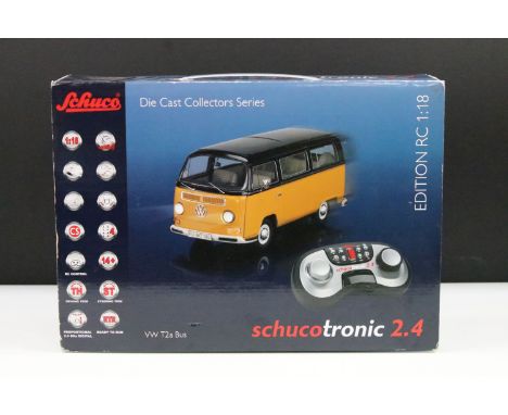 Boxed 1/18 scale Schuco Schucotronic 2.4 GHz Edition R/C VW T2a Bus diecast model, complete and ex, slight squashing to corne