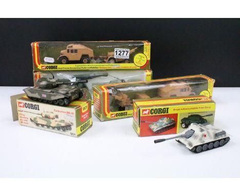 Five boxed Corgi diecast models to include 908 AMX 30D Recovery Tank, 2 x 909 Quad Tractor Trailer And Gun, 901 Centurion Mk.