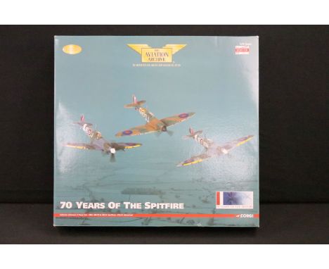 Boxed 1/72 scale Corgi Aviation Archive AA99189 70 Years Of The Spitfire Johnnie Johnson 3 Piece Set, all complete and diecas