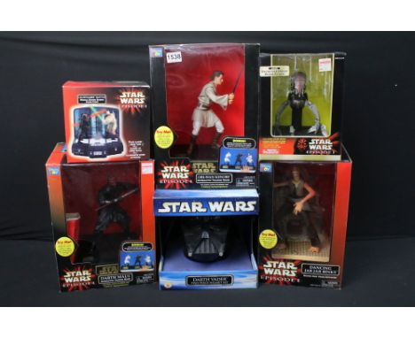 Star Wars - Six boxed Star Wars collectibles featuring 3 x Thinkway Episode I (Obi-Wan Kenobi Interactive Talking Bank, Darth