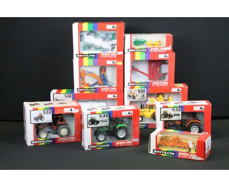 10 Boxed Britains farming related diecast models to include 9539 Disc Mower, 9547 Front Mounted Cultivator, 9506 Fiat Double,