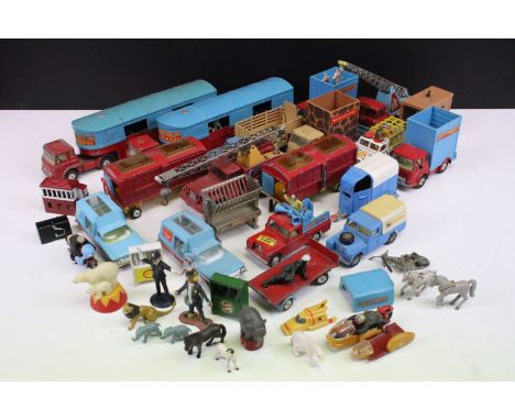 Around 17 mid 20th C play worn Corgi diecast models, mainly Chipperfield Circus examples with accessories to include Bedford 