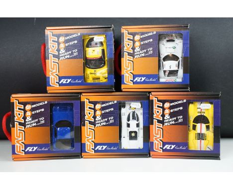 Five boxed Fly Car Models Fast Kit featuring 88230 Lola T 70 MKIIIB Thruxton 1969, 88227 Porsche 917 K 1000 KM Buenos Aires 1