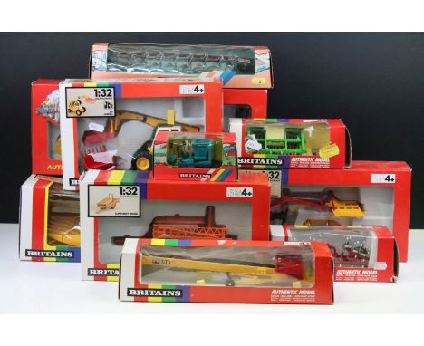 10 Boxed Britains farming related diecast models to include 9574 Front Loader System, 9571 New Holland TR85 Combine Harvester