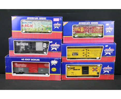 Six boxed USA Trains G scale items of rolling stock to include R16299 ATSF Despatch Refrigerator Car, R19043B Burlington Stee