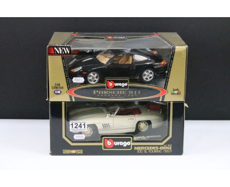 Two boxed 1/18 scale Burago diecast models to include Mercedes-Benz 300SL Touring 1957 and Porsche 911 Carrera 1997, diecast 