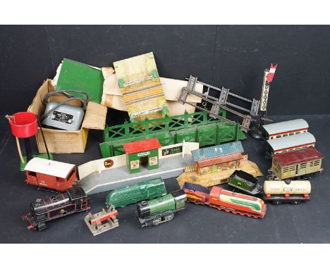 Quantity of O gauge model railway featuring Hornby and Chad Valley to include 4 x Hornby items of rolling stock, Hornby tin p