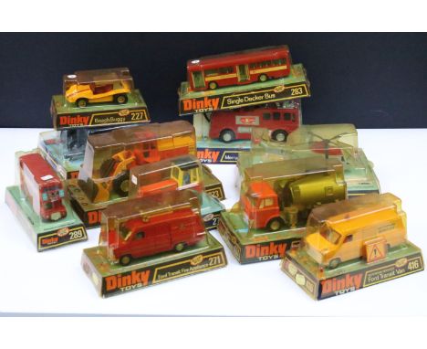 11 Boxed Dinky diecast models to include 285 Merryweather Marquis Fire Tender, 289 Routemaster Bus, 617 Volkswagen KDF and 50