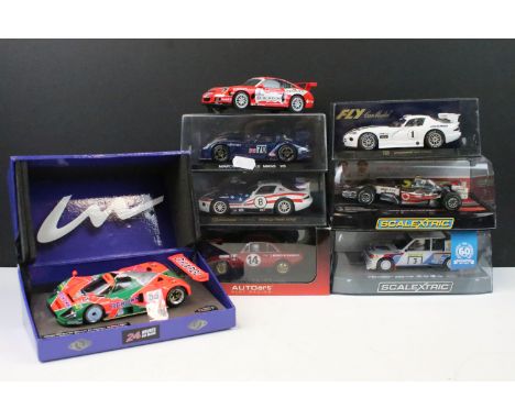 Seven boxed / cased slot cars to include AutoArt 13551 Lancia Fulvia 1.6HF Rally 1972, Le Mans Miniatures 132026M Mazda 787B,