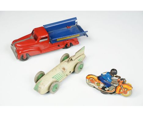 Three mid 20th C tin plate models to include Chad Valley Harborne racing car in cream with green details (showing play wear),
