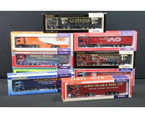 Nine boxed ltd edn Corgi heavy haulage diecast models to include 75407 Guinness, 76403 Guinness, 75701 TNT, 75803 Gallacher B