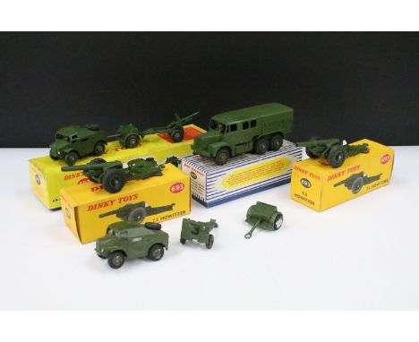Four boxed Dinky military diecast models to include 697 25 Pounder Field Gun Set, 2 x Dinky 693 7.2 Howitzer models and 689 M