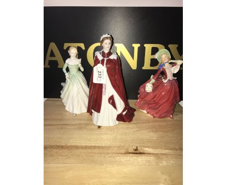 ROYAL WORCESTER THE QUEEN , 2 ROYAL DOULTON LADIES