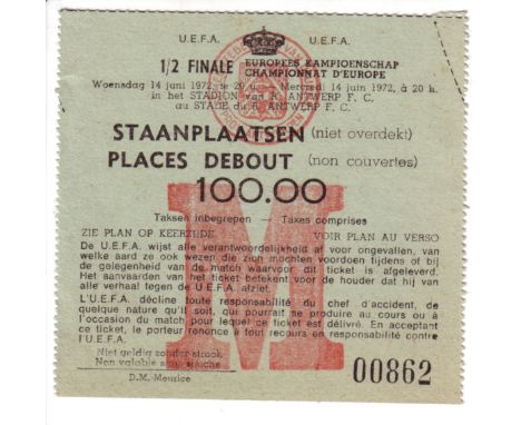 EUROPEAN NATIONS CUP 1972 Ticket for Germany v Belgium European Nations Cup Semi Final in Antwerp 14th June 1972. Paper scuff