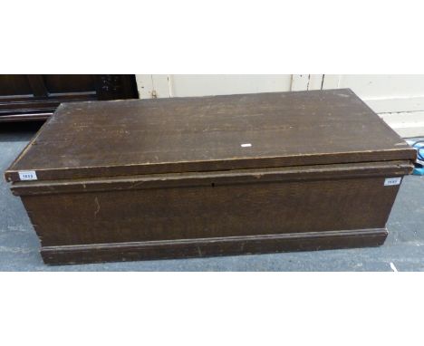 A stained pine trunk with looped metal handles (H31 x L97 x D42cm) 