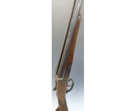 AYA Yeoman 12 bore side by side shotgun with chequered grip and forend, engraved top lever, double trigger, raised rib and 28