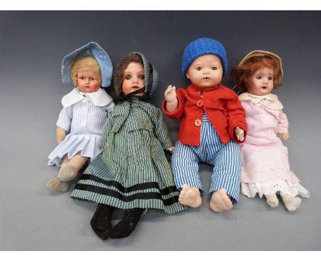 Four composite dolls, including Armand Marseille girl marked '300.5/0 AM'  with weighted brown eyes, in striped silk dress, H