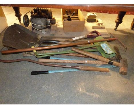 A quantity of garden tools, tea trolley etc 