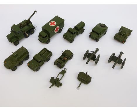 Ten Dinky Toys and Supertoys diecast model military vehicles including Military Ambulance, Recovery Tractor, Austin Champ, Pe