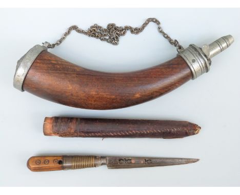 A wooden horn shaped powder flask with base metal mounts and suspension chain (27cm long) together with a small knife with ca