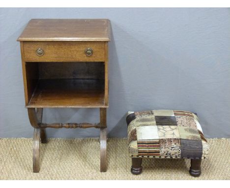 A mahogany shelf unit with drawer and an upholstered stool (H77cm)