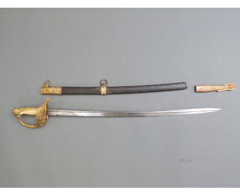 Dutch 1843 pattern Naval officer's sword, with 70cm engraved blade and metal mounted leather scabbard