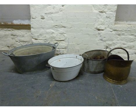 Galvanised and enamel tin baths, buckets, coal scuttle etc