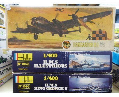 Two Heller 1:400 scale model ship kits HMS Illustrious Porte Avions 1052 and HMS King George V 1060 together with an Airfix 1