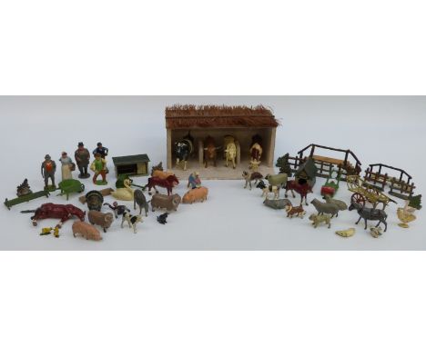 Over 60 John Hill & Co Johillco and Britains lead farm animals, figures, buildings and accessories. 