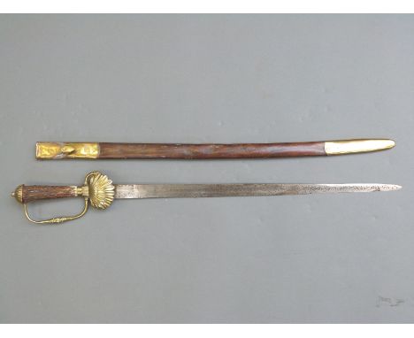 A 19thC horn handled shell guard hanger / sword, blade length 53cm, with metal mounted leather scabbard