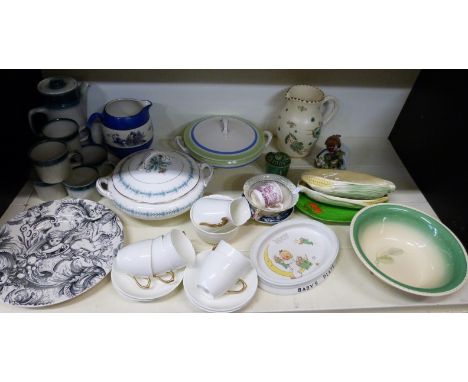 Wedgwood Blue Pacific coffee set, Coalport tureen, Shelley Mabel Lucie Attwell plate, Susie Cooper bowl, Crown Devon, Royal D