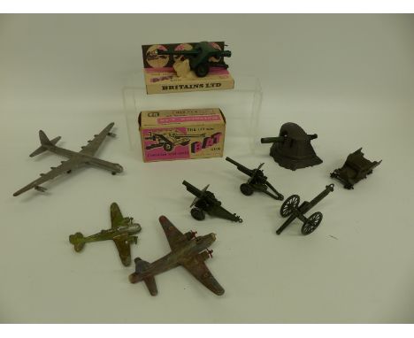 Ten Skybirds, Britains, Mercury, Charbens and similar diecast model vehicles, aeroplanes and guns, including a Britains 120mm