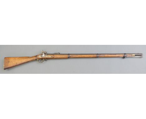 Enfield 3-band percussion hammer action rifle with lock stamped 1859 Enfield and with crown over VR cypher, brass butt plate 